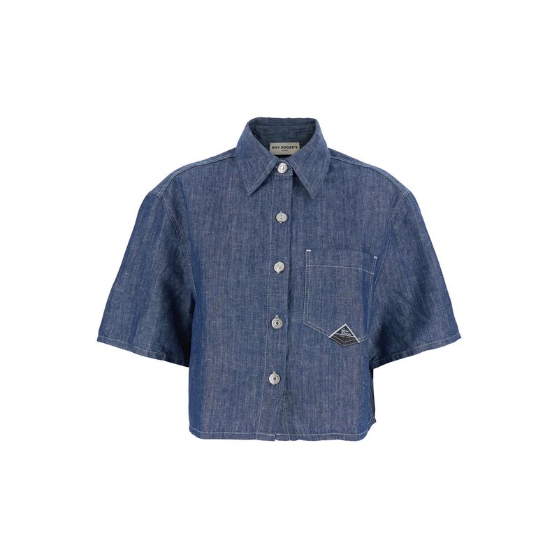 Roy Roger's Women Sh) Shirt S/S Woman Chambray Cotton Linen Rinse Indigo
